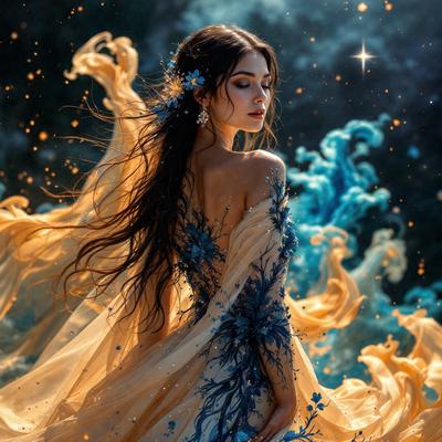 The primary subject of the image is a woman with long hair, wearing a flowing dress and a blue flower in her hair. She is standing in front of a blue and yellow background, which adds a vibrant and lively atmosphere to the scene. The visual style of the image is a combination of photo and digital art, creating a unique and artistic representation of the woman. The colors and mood of the image are predominantly blue and yellow, which evoke a sense of warmth and happiness.